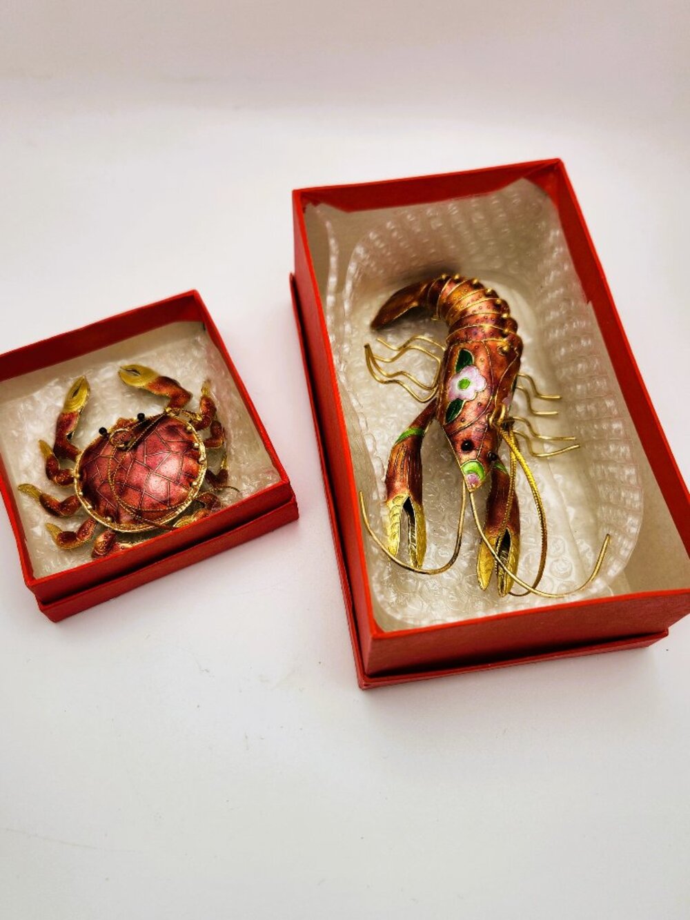 Vintage Enamel Metal Lobster Crab Ornaments Cloisonne Style Articulated Pair